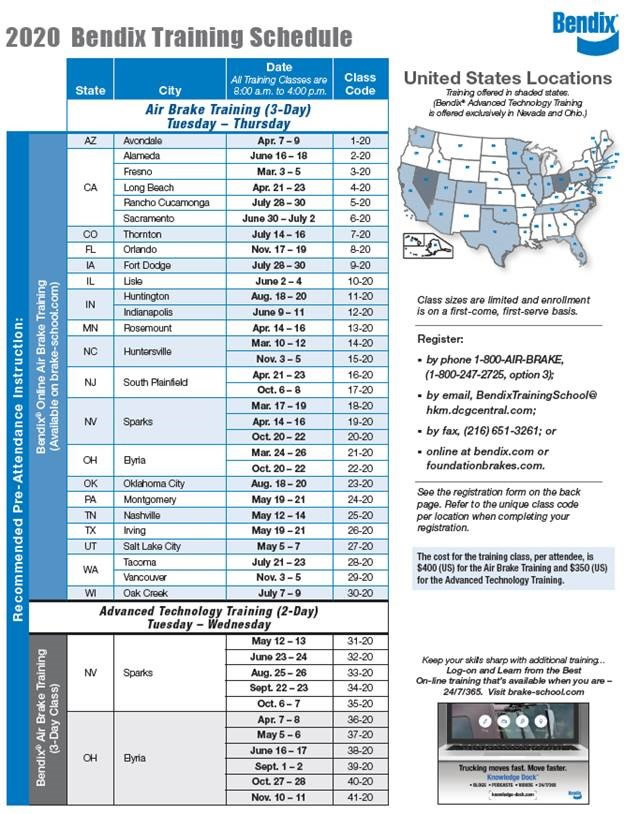 Bendix Training Schedule 2020