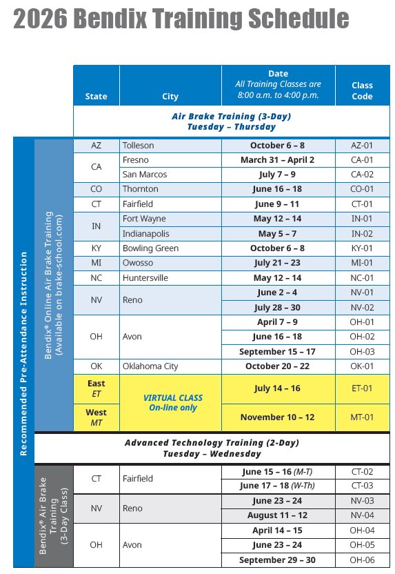2026 Bendix Training Schedule